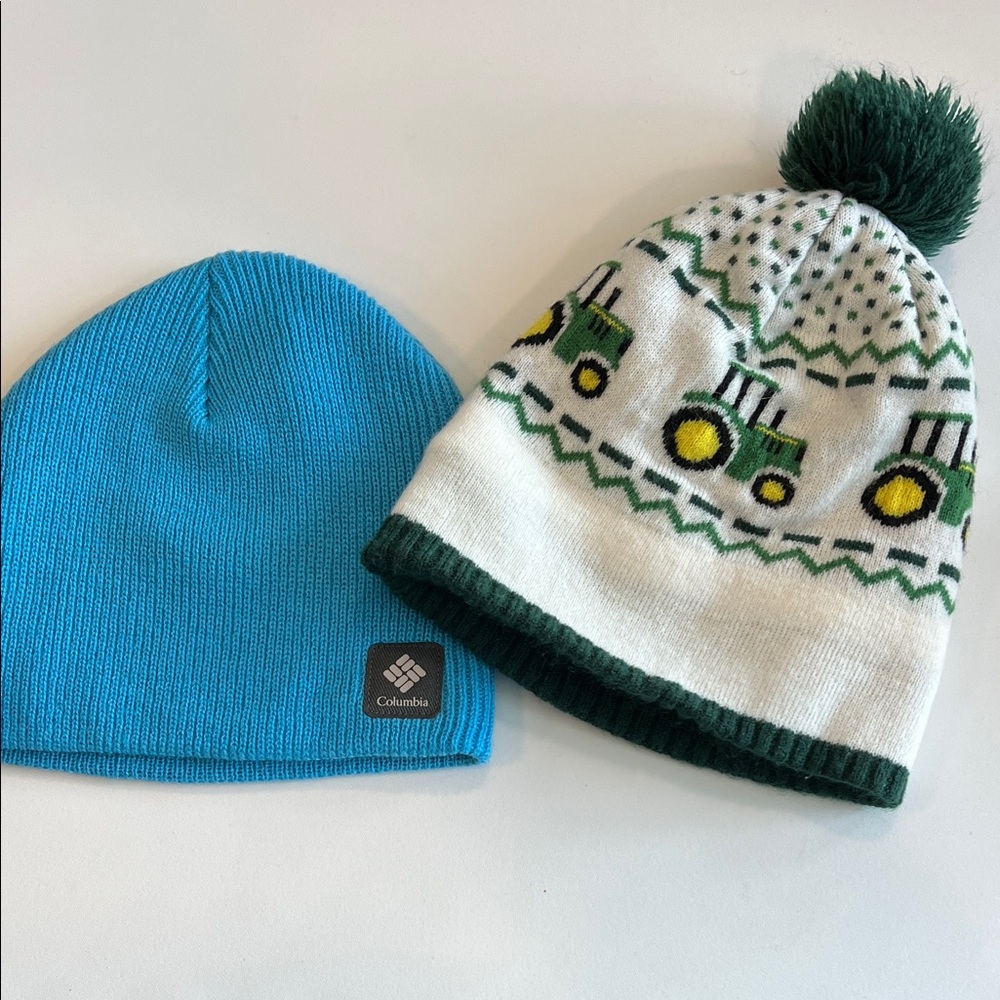 Toddler/kid beanie bundle - Columbia Teal Beanie and John Deere Pom Hat